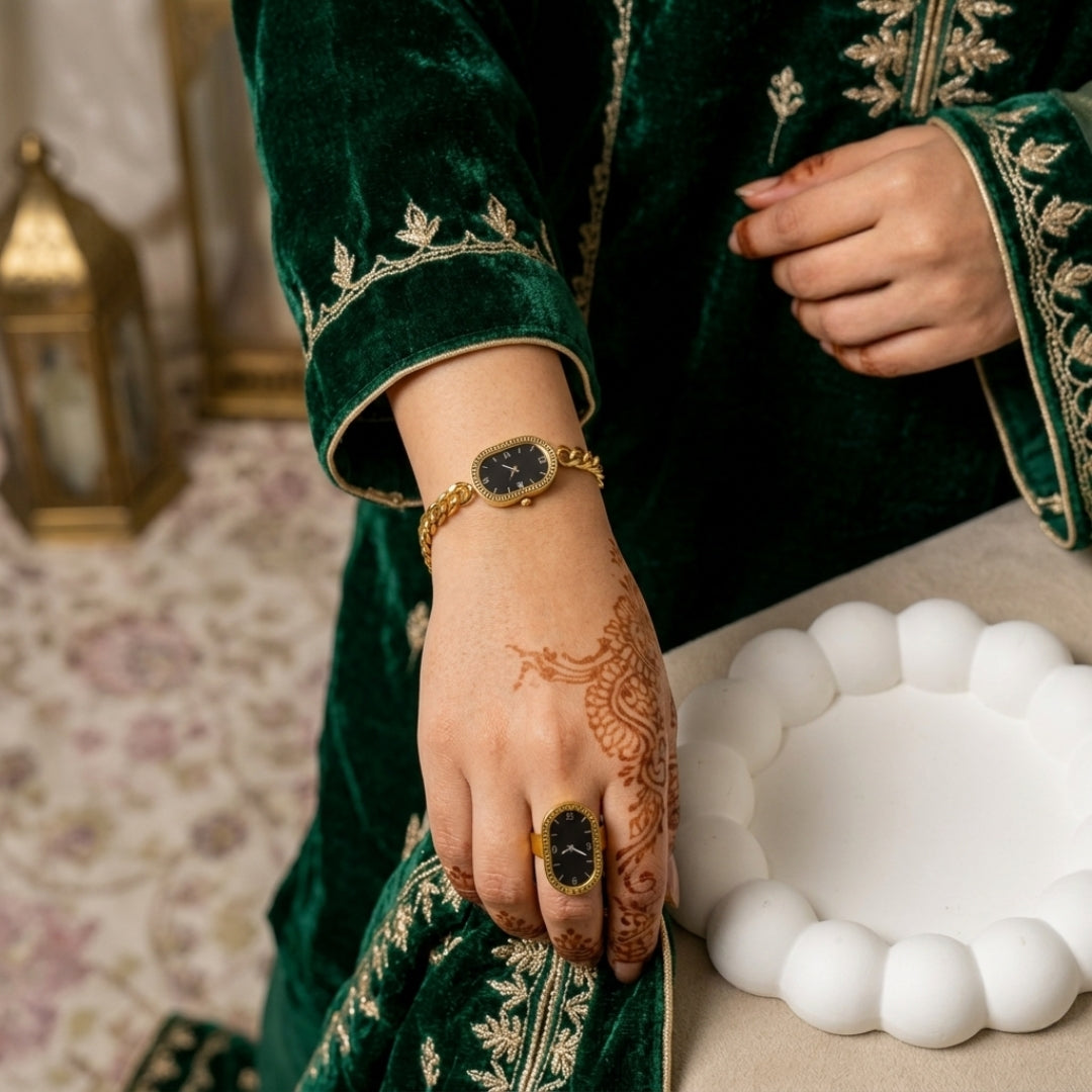 Luxury Watch-Style Jewelry Set for Women | Gold Plated Bracelet, Ring & Chain Combo