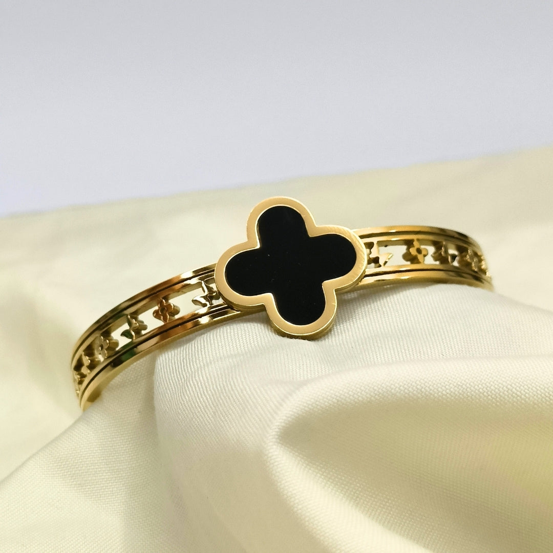 Virsah Gold Cuff Bracelet with Black Clover Charm | Elegant Artificial Jewelry for Women