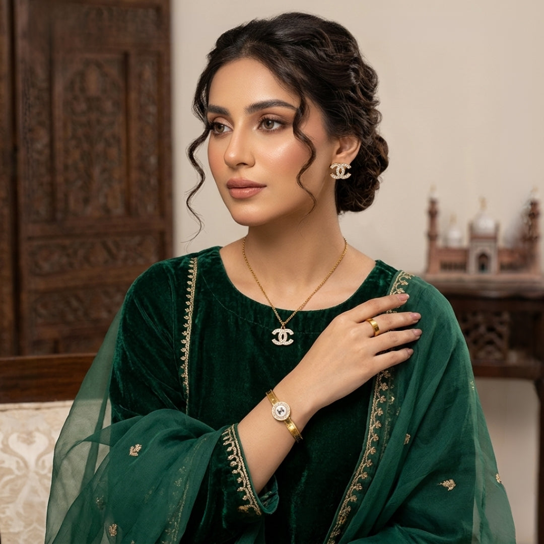 Crystal Double-C Logo Gold-Plated Jewelry Set | Artificial Jewelry for Women