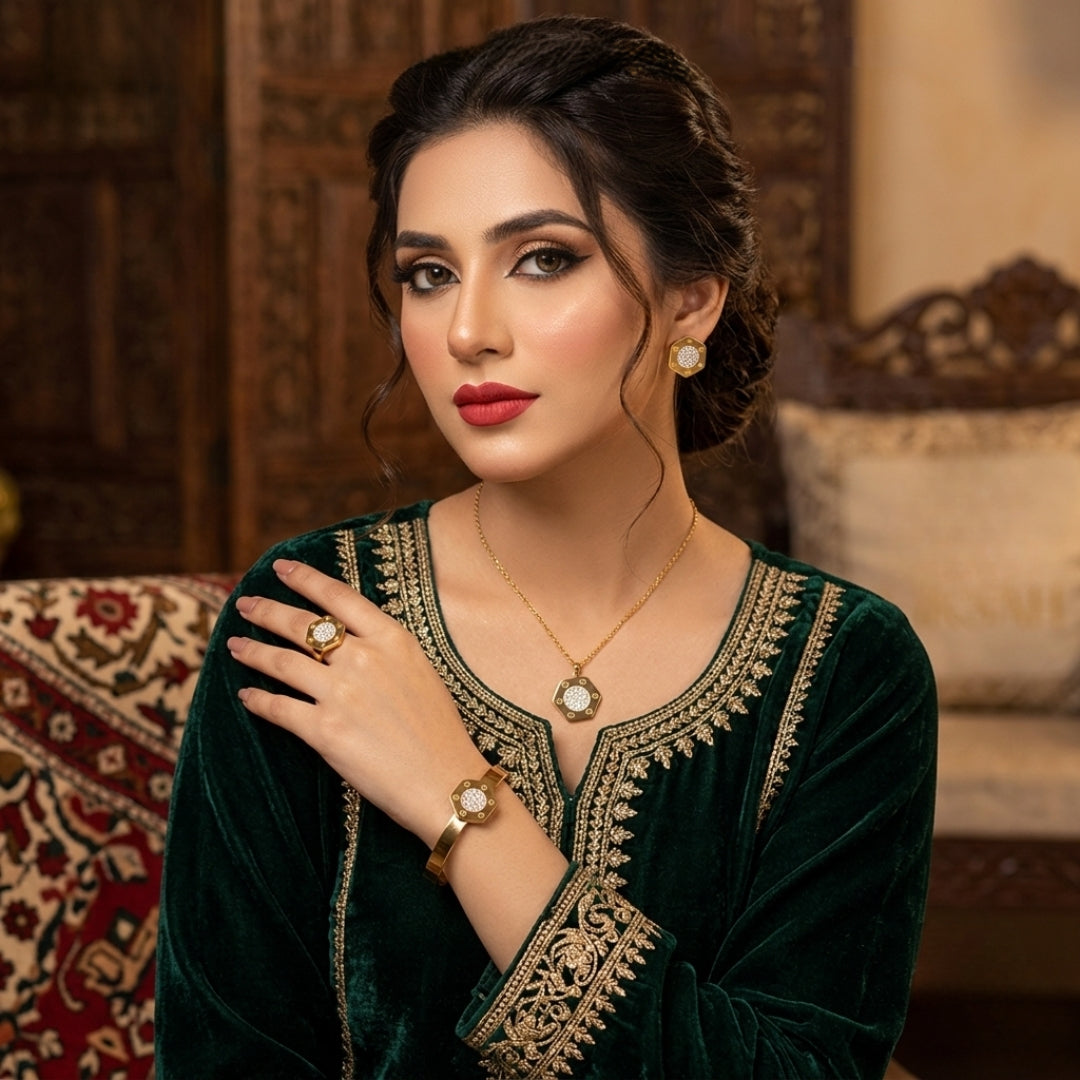 Crystal Hexagon Gold-Plated Jewelry Set | Artificial Jewelry for Women