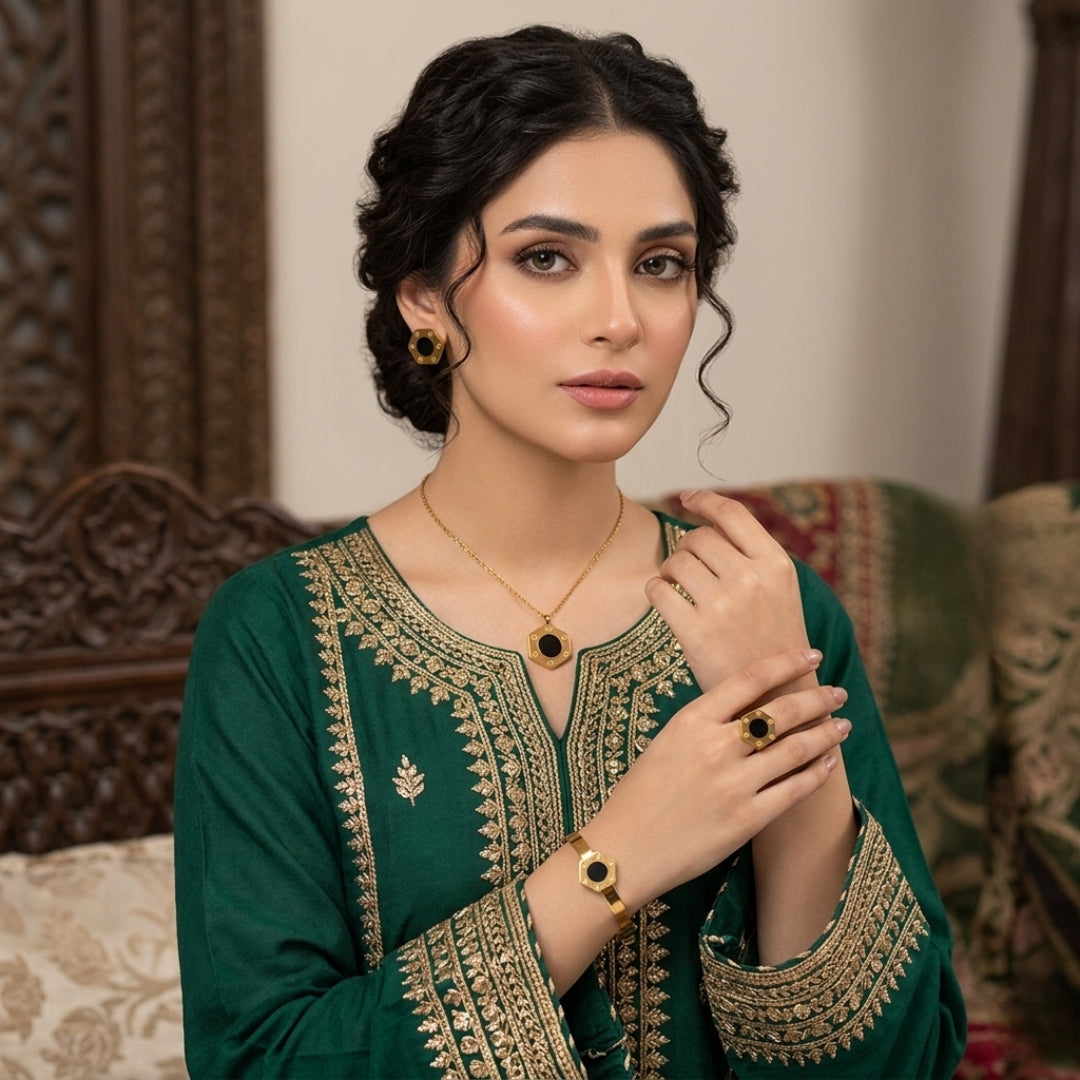 Black Hexagon Gold-Plated Jewelry Set | Artificial Jewelry for Women