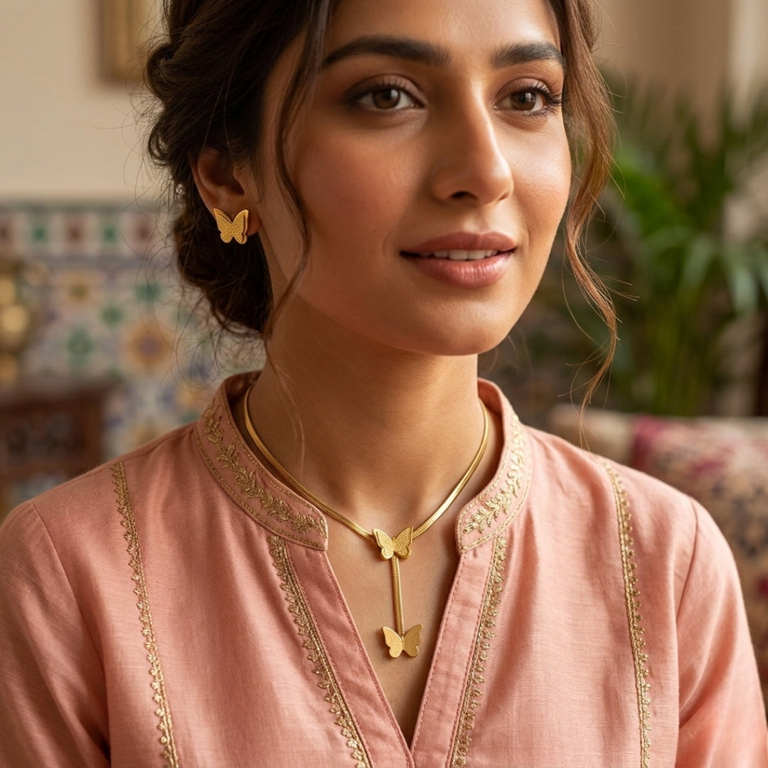 Virsah Golden Butterfly Necklace Set | Elegant Gold Plated Pendant & Matching Earrings