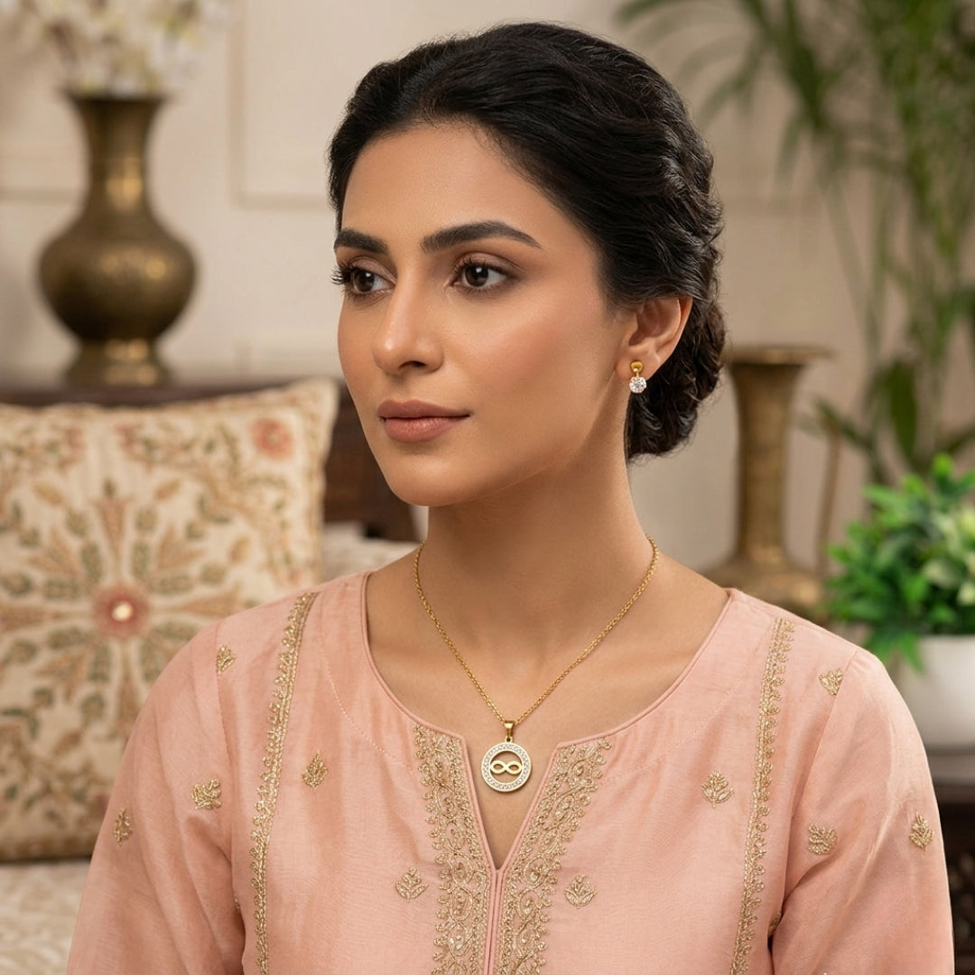Virsah Infinity Gold Pendant Necklace Set | Crystal-Studded Round Charm