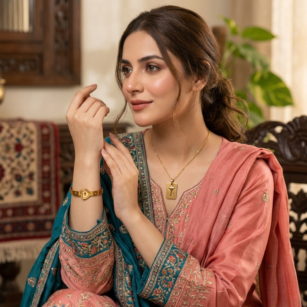 Virsah Gold Key Pendant Bracelet & Necklace Set