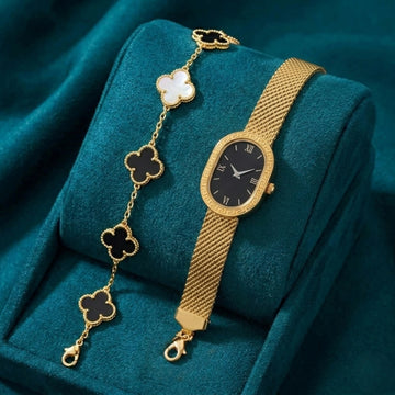 Virsah Dual Bracelet Set – Gold Mesh Cuff & Black Clover Chain Bracelet