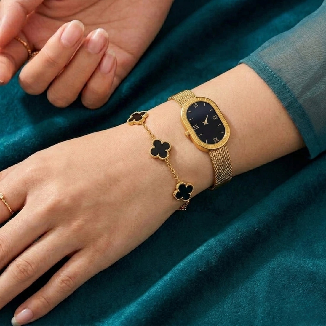 Virsah Dual Bracelet Set – Gold Mesh Cuff & Black Clover Chain Bracelet