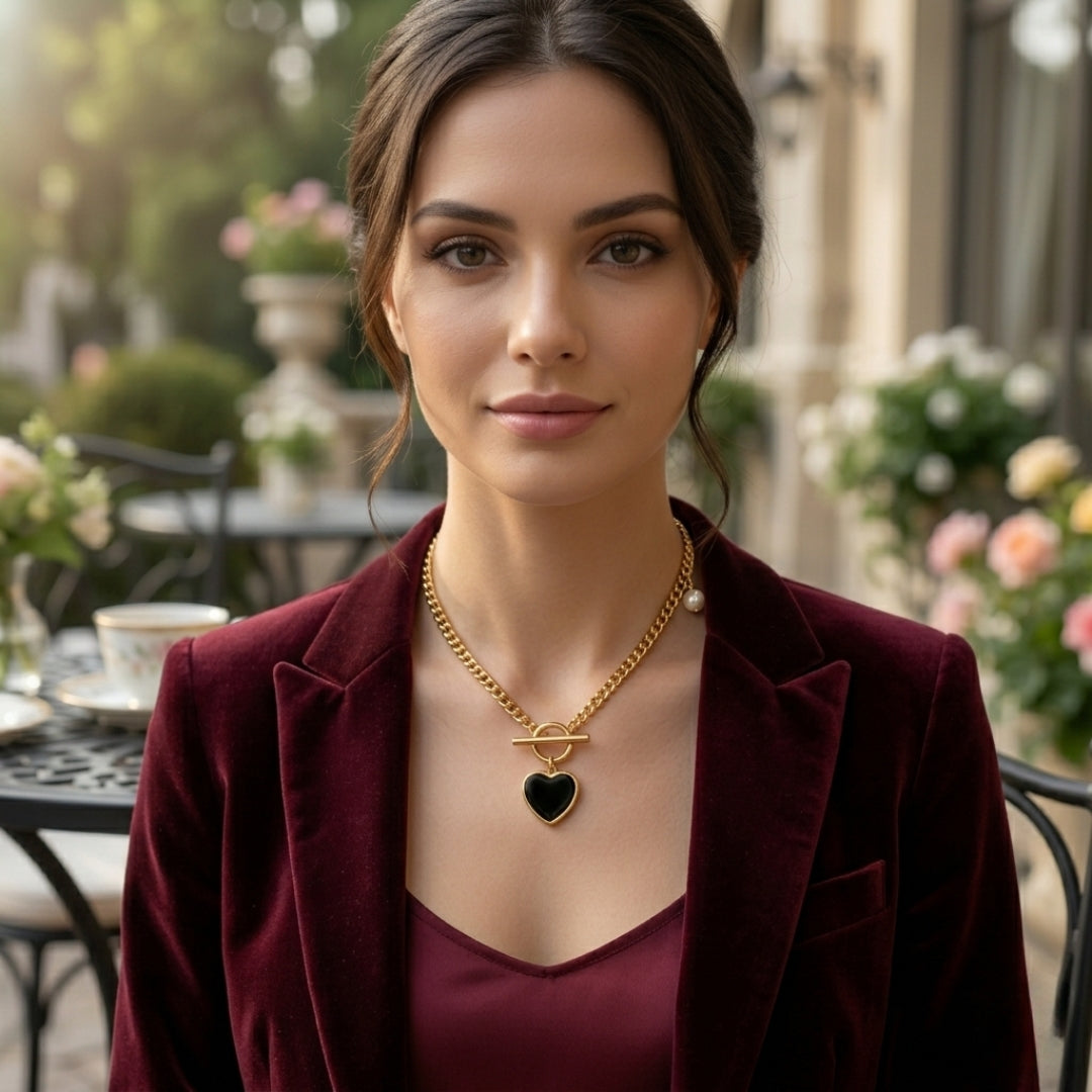 Virsah Gold Black Heart Necklace | Elegant Toggle Chain with Pearl Accent